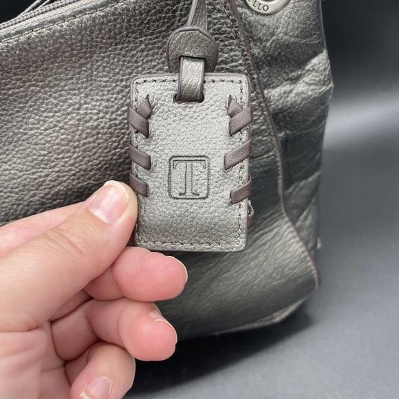 Tignanello Metallic Leather Handbag Purse Silver Pebbled Medium Braided Handle - Picture 7 of 16